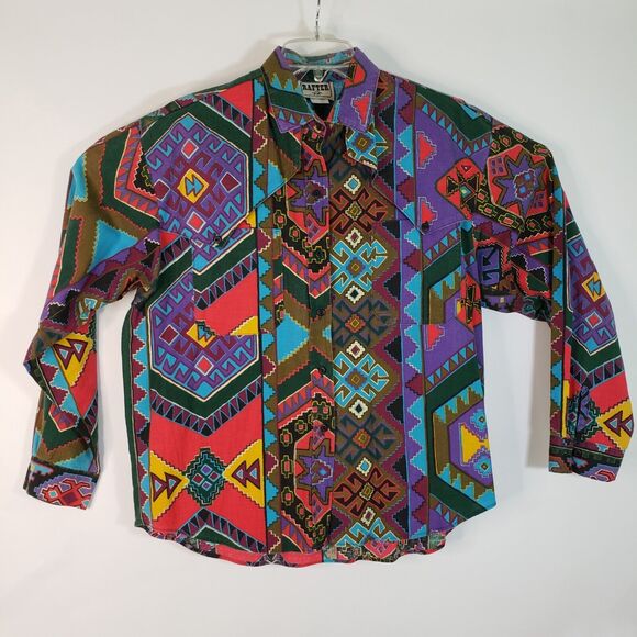 Vintage 80s Western Graphic Button Up Wms L Rafter JX Barrel Racer Pockets Aztec - Picture 1 of 10